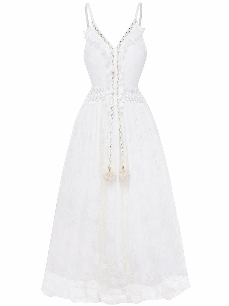 Robe longue bohème blanche en dentelle à col en V années 1970