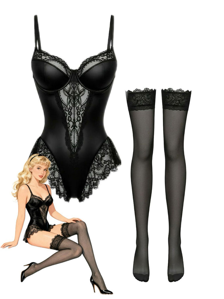 Nuisette noire en satin dentelle armatures bas assortis années 1980