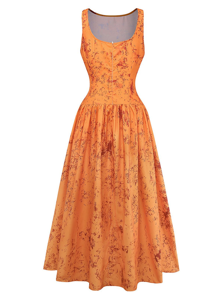 Robe Orange Coton Sans Manches Imprimée Ajustée Années 1930