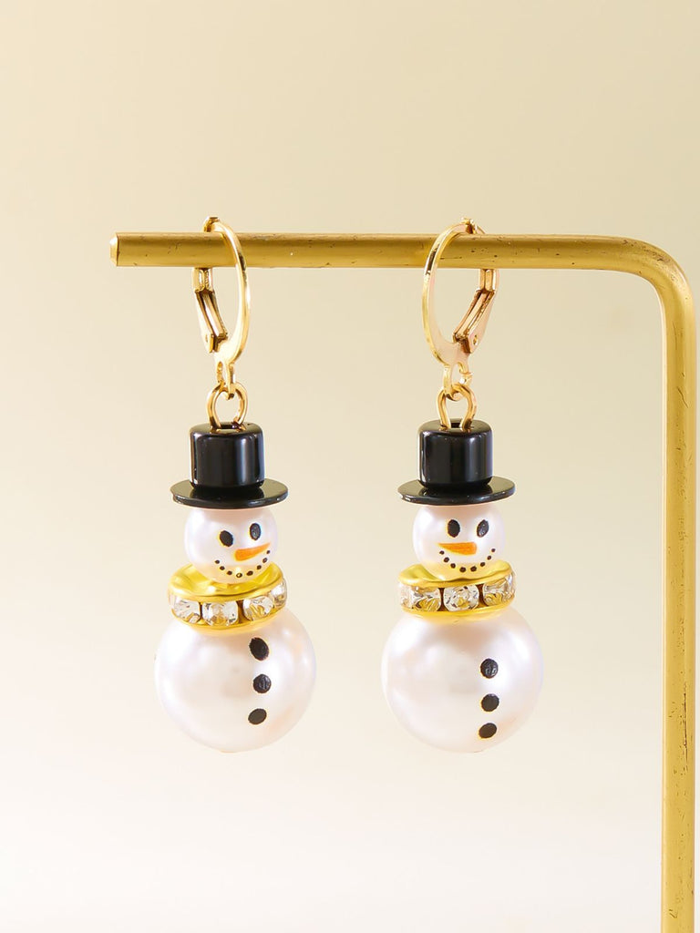 Boucles d'oreilles bonhomme de neige en strass flocons de neige et perles