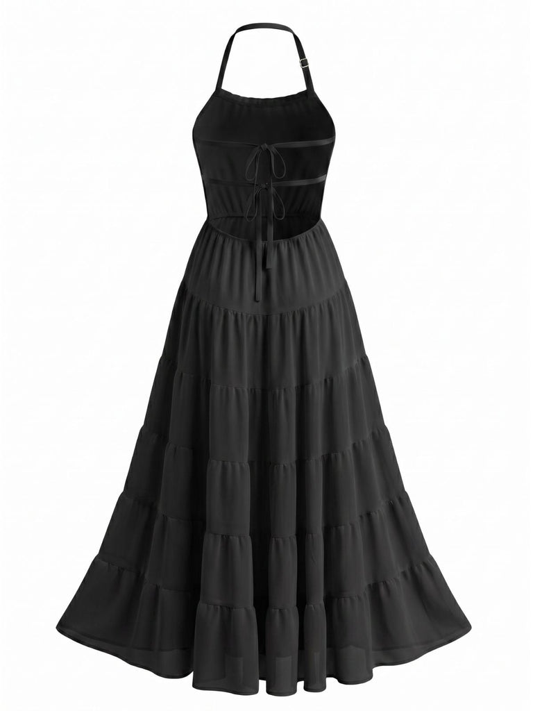 Robe Maxi à Étages Dos-Nu en Mousseline Froncée Années 70