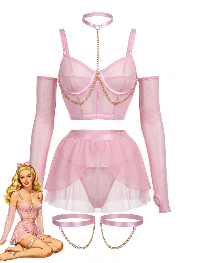 Ensemble lingerie rose en résille avec ras-de-cou et chaînes années 1980