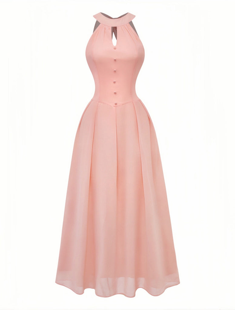 Robe longue pêche à dos nu découpes et boutons sur le devant années 1940