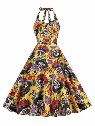 [Prévente] Robe évasée jaune à col licou tête de mort hippie années 1950
