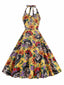 [Prévente] Robe évasée jaune à col licou tête de mort hippie années 1950