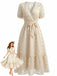 Robe Florale à Pois Col V Ceinturée Cache-Cœur Beige Années 1970