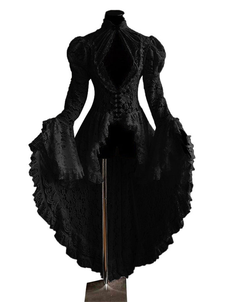 Robe victorienne noire en dentelle à manches gigot des années 1980