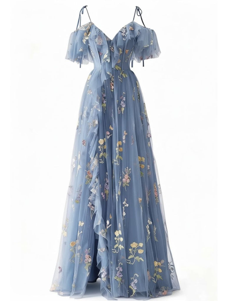 [Prévente] Robe fendue en tulle Lac Verte brodé de fleurs années 1970