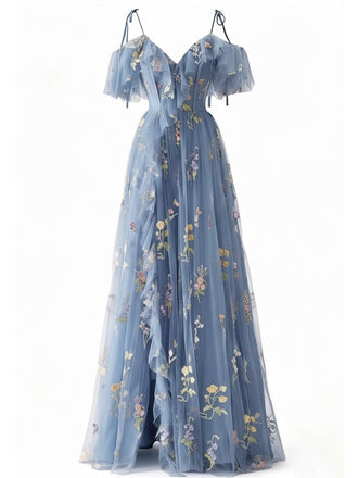 [Prévente] Robe fendue en tulle Lac Verte brodé de fleurs années 1970