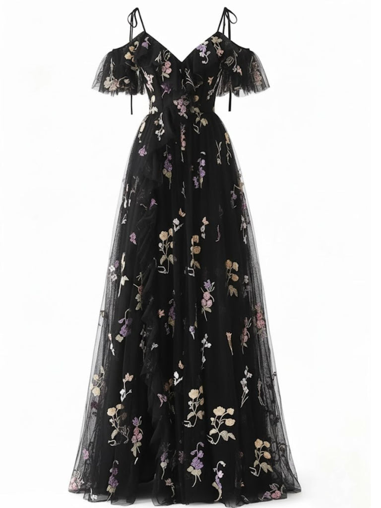 [Prévente] Robe fendue en tulle Lac Verte brodé de fleurs années 1970