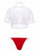 White bikini top with red trim and red bikini bottom on a white background