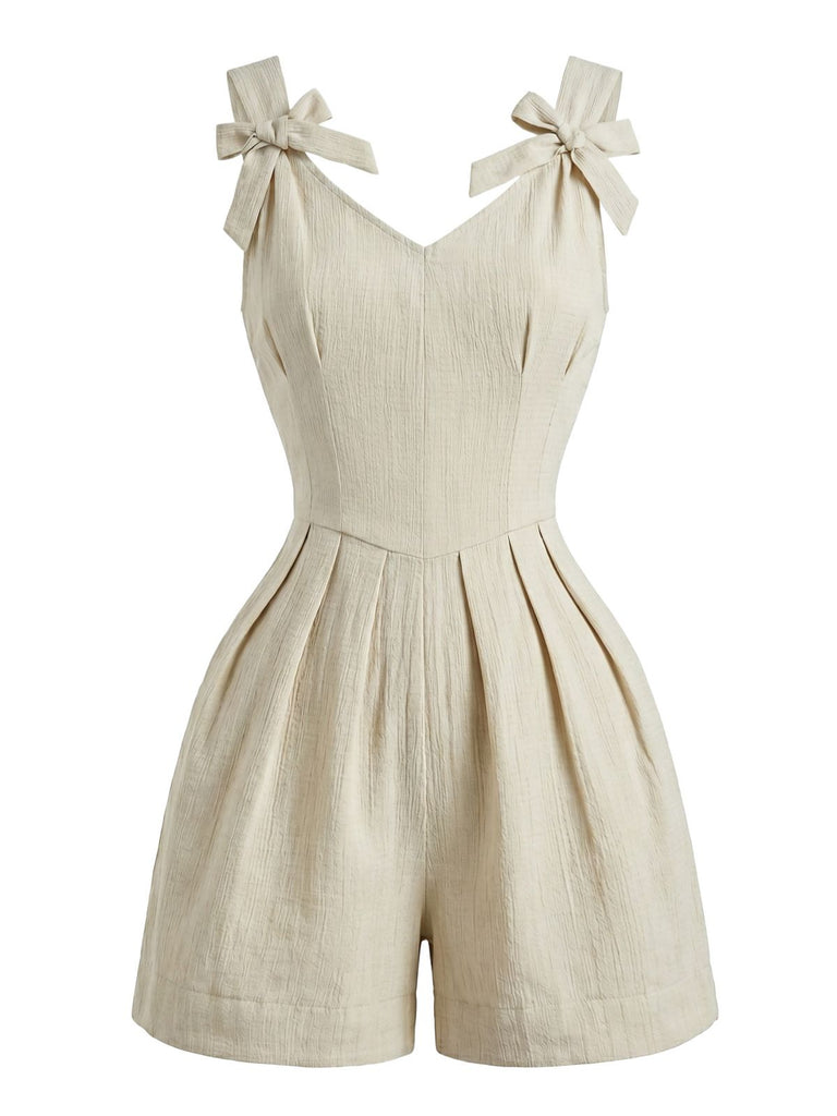 Combishort Larges Bretelles Nœud Plissée Beige Années 1950 4