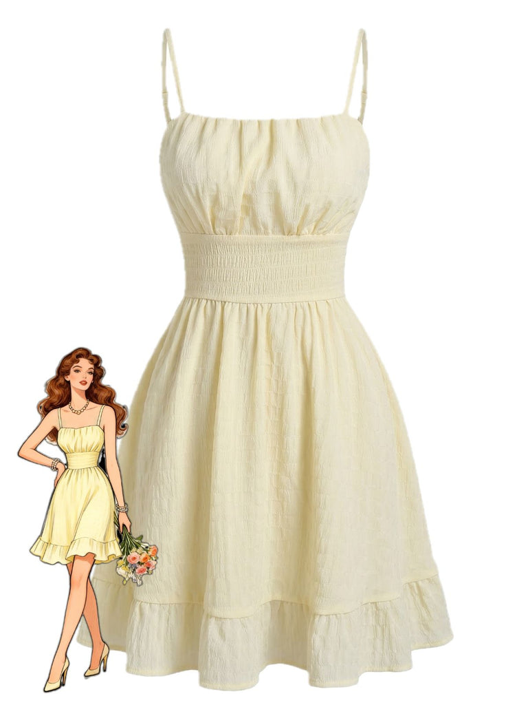 Mini Robe à Bretelles Fines Unie Froncée Texturée Beige Années 1960