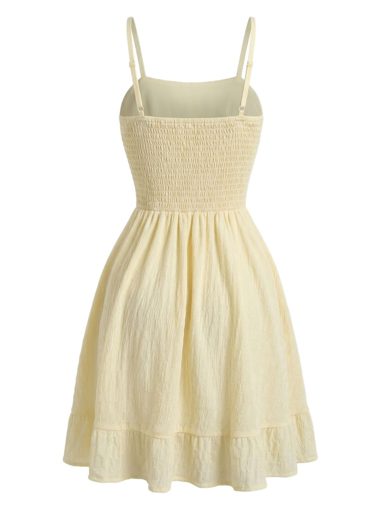 Mini Robe à Bretelles Fines Unie Froncée Texturée Beige Années 1960 5