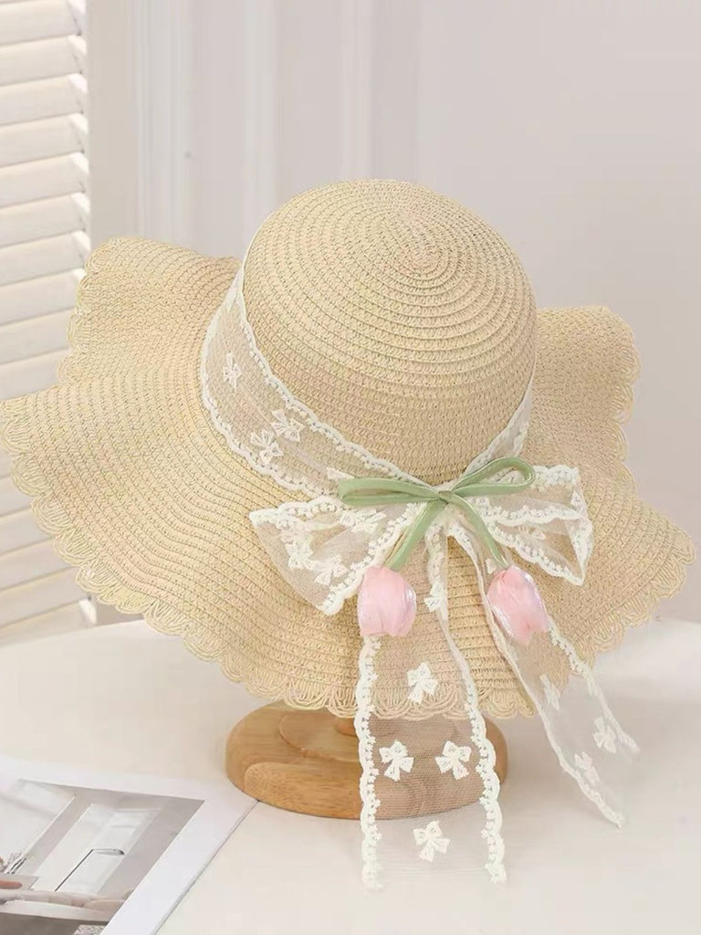 Chapeau Fleur à Larges Bords en Paille Dentelle Tulipe Beige