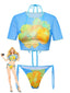 3PCS Bikini et crop-top bleu ciel floral années 1960