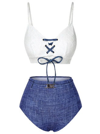 Bikini dentelle lacets col licou faux jean bleu 1940s
