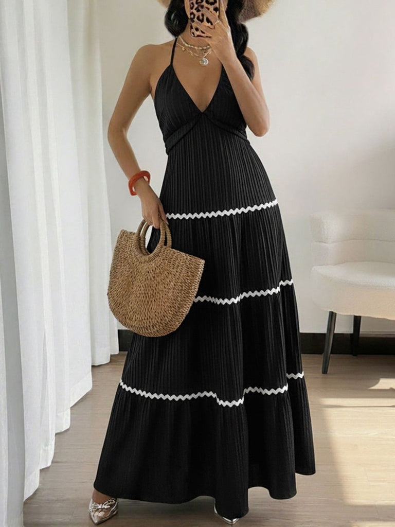 Noir Halter Dos Nu Blocs de Couleur Robe Longue Années 1930 4