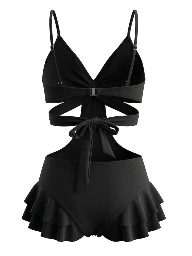 Maillot de Bain Une Pièce à Volants Croisé Découpé Noir Années 1940 3