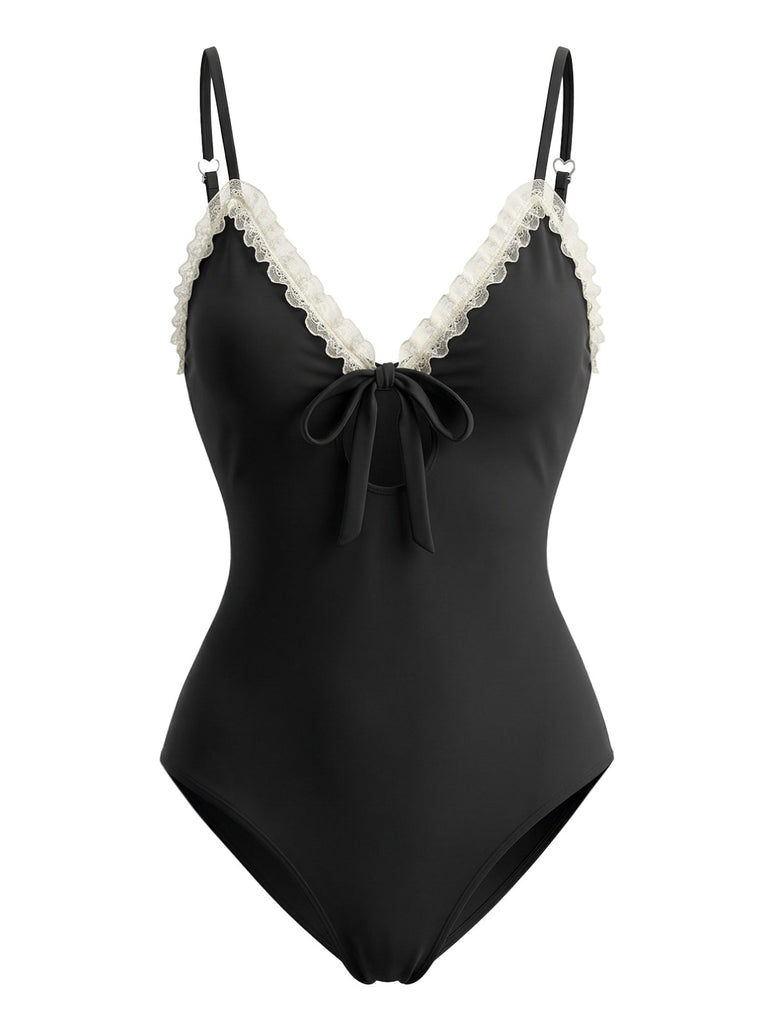 Noir Maillot de Bain Une Pièce à Bordure en Dentelle et Nœud Devant années '40 2