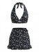 Ensemble 3 Pièces Bikini Dos-Nu Petites Fleurs & Cache-Maillot Noir Années 1960