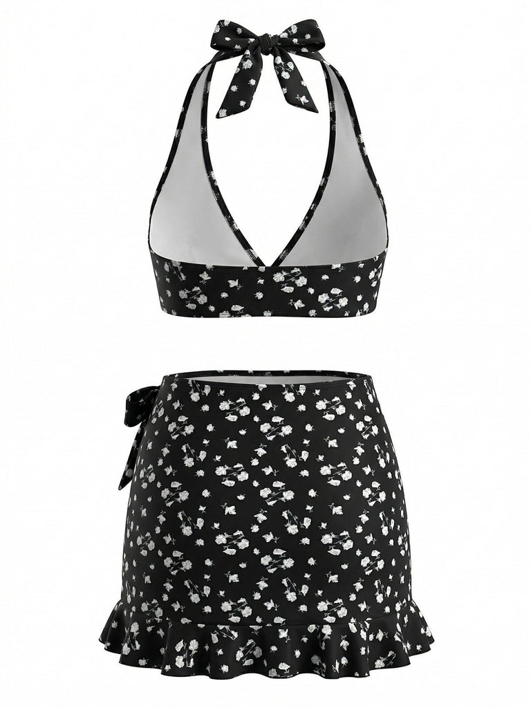 Ensemble 3 Pièces Bikini Dos-Nu Petites Fleurs & Cache-Maillot Noir Années 1960