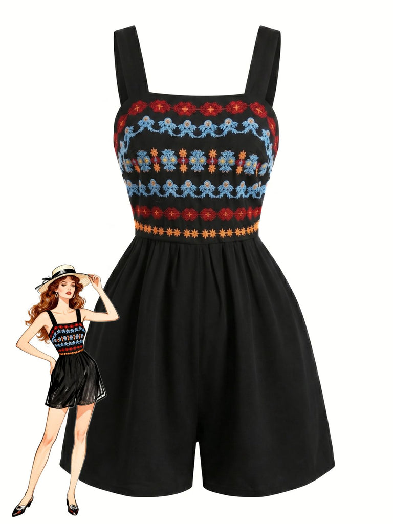 Combishort Smocké Col Carré Brodé Floral Noir Années 50