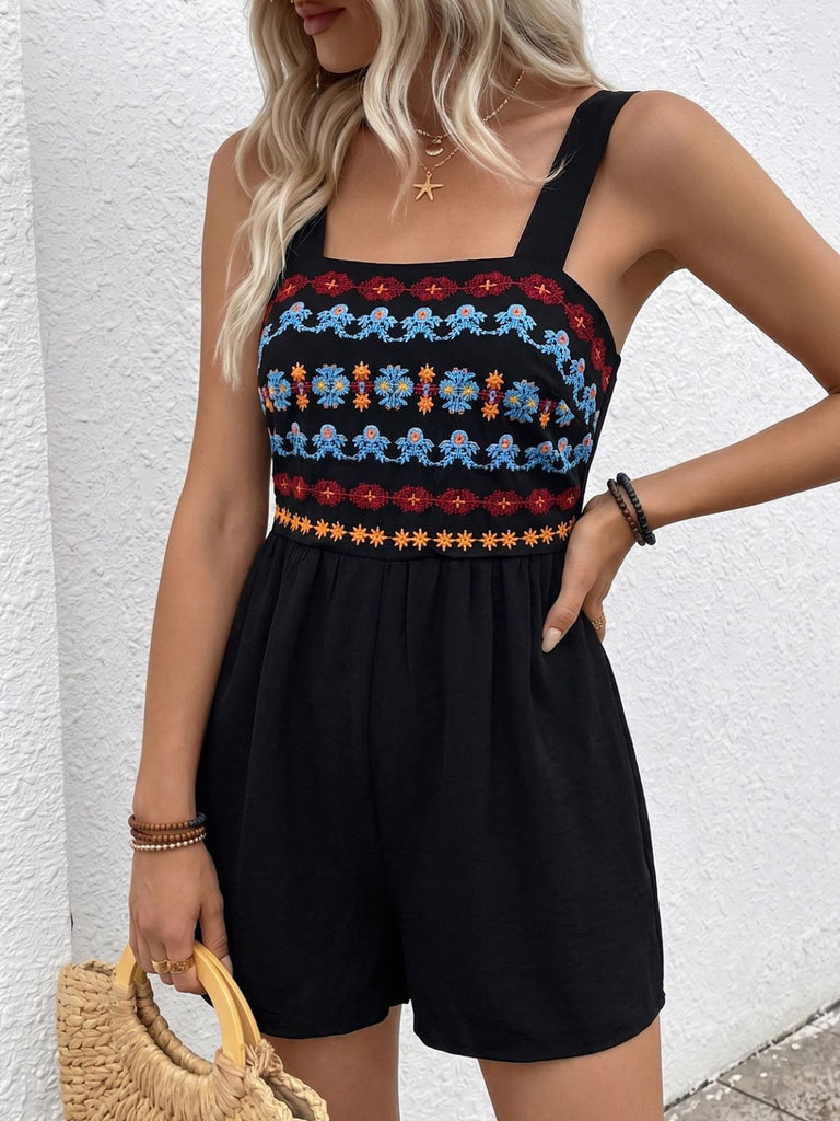 Combishort Smocké Col Carré Brodé Floral Noir Années 50