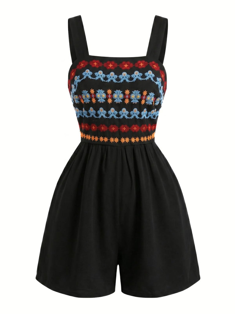 Combishort Smocké Col Carré Brodé Floral Noir Années 50