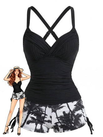 Ensemble Tankini Froncé à Cordons Imprimé Palmiers Noir Années 1950