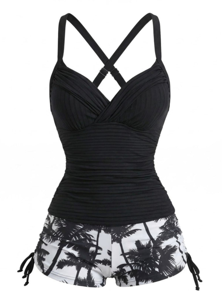 Ensemble Tankini Froncé à Cordons Imprimé Palmiers Noir Années 1950 2