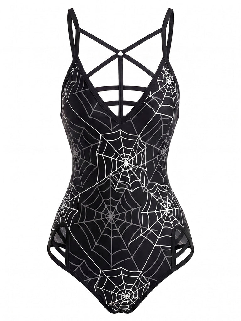 [Prévente] Araignée Toile Imprimée Gothique One-Pièce Maillot de Bain Noire Années 1950 2