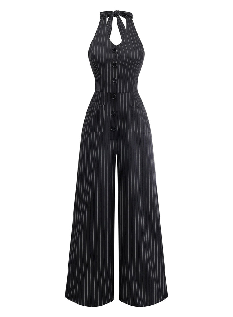 Combinaison Jambes Larges Halter Sans Manches à Rayures Boutonné Noir Années 50