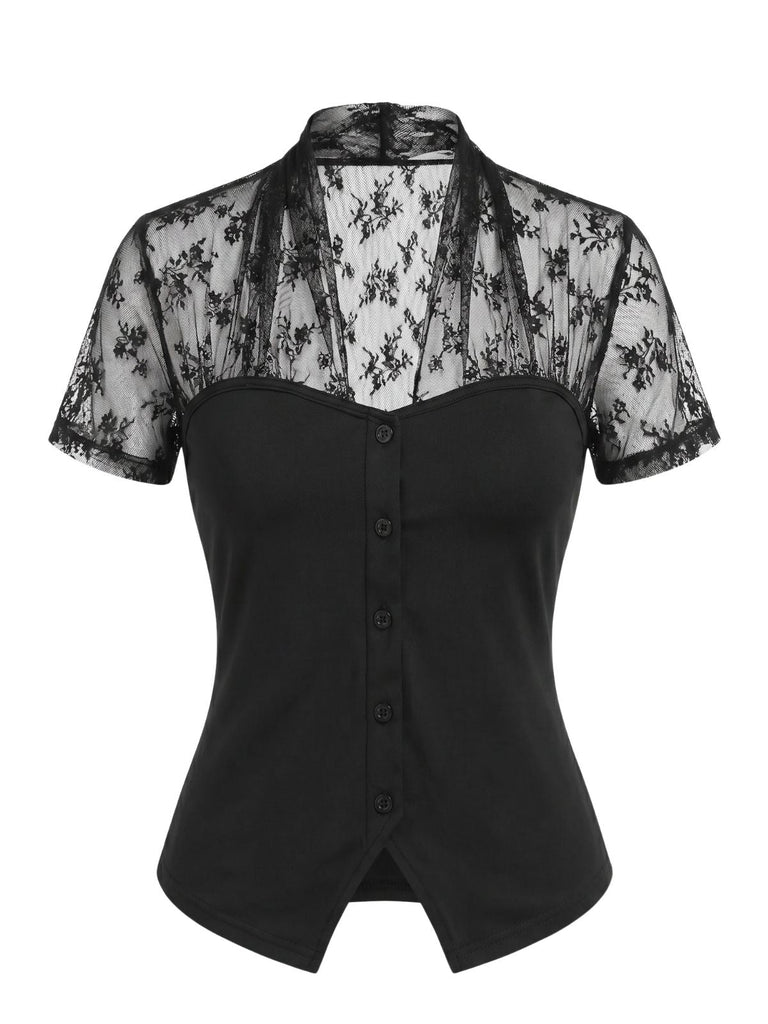 Blouse Col V Patchwork Dentelle Noir Années 60