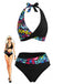 Dos-Nu Graffiti Imprimée Patchwork Maillot de Bain Noire Années 1970