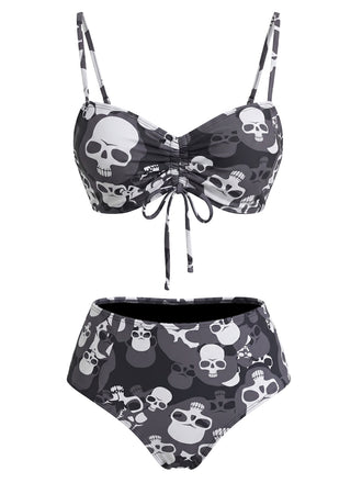 Gothique Crâne Imprimé Cordon Ensemble Bikini Noire Années 1980 2