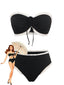 Ensemble bikini noir sans bretelles volants contrastants années 70