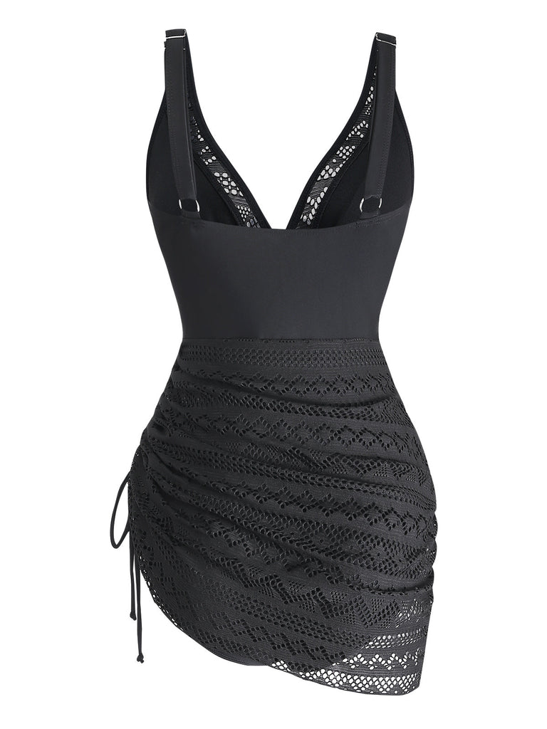 Noir Dentelle Col V Froncé Maillot de Bain Une Pièce Années 1950 2
