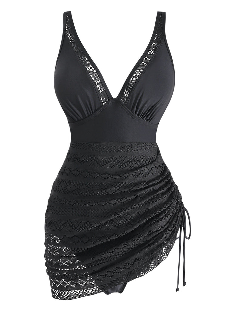 Noir Dentelle Col V Froncé Maillot de Bain Une Pièce Années 1950