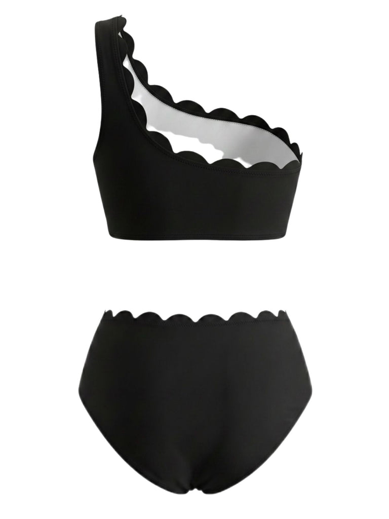 Ensemble Bikini Asymétrique à Festons Noir & Blanc Années 50