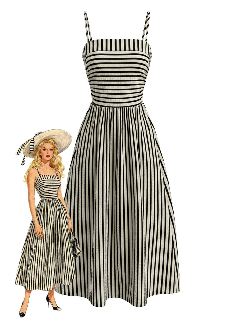 Robe à Bretelles Fines Rayée Noire & Crème Années 1950