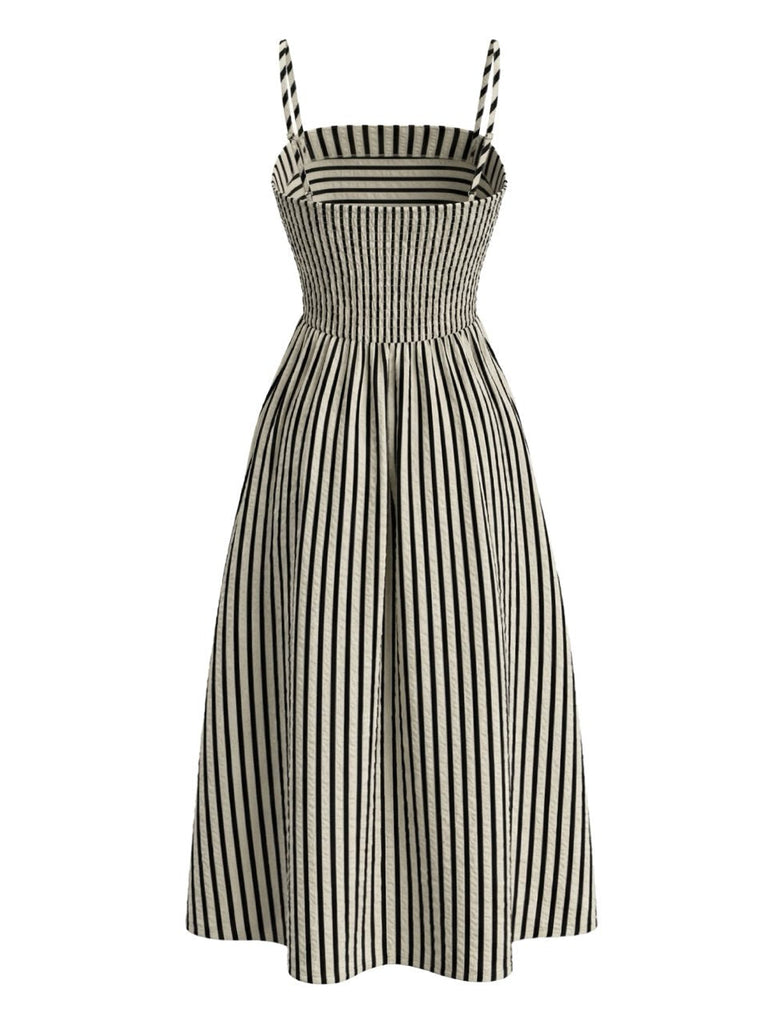 Robe à Bretelles Fines Rayée Noire & Crème Années 1950