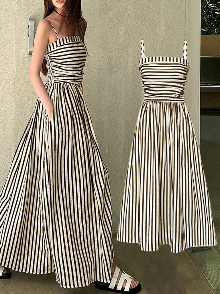 Robe à Bretelles Fines Rayée Noire & Crème Années 1950