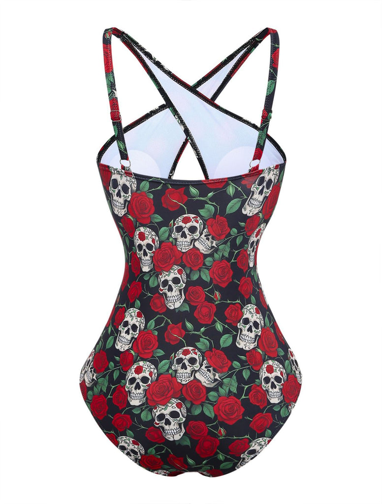 Back: Black 1950s Skeleton Rose Halter Swimsuit, elegant vintage style, perfect for vintage fashion lovers