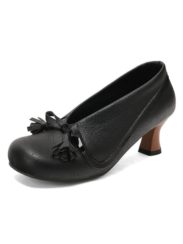 Chaussures rétro à nœud en PU, bout rond et talon compensé