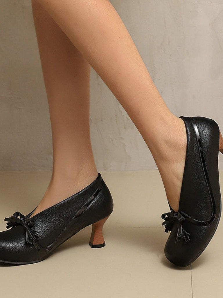Chaussures rétro à nœud en PU, bout rond et talon compensé