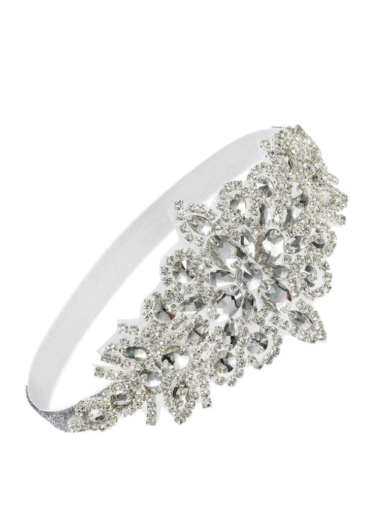 Bandeau argenté orné de cristaux floraux sur fond blanc
