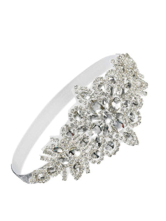 Bandeau argenté orné de cristaux floraux sur fond blanc