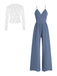 Ensemble deux pièces élégant composé d'un top en dentelle bleu marine et d'une combinaison-pantalon à fines bretelles, idéal pour les occasions semi-formelles.