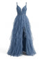 Robe de bal à volants fendue tulle pailleté ornée d'appliqués années 1930